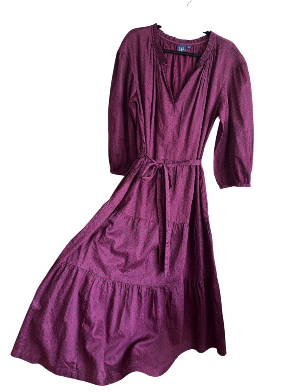 Boho Gap Womens Long Burgundy Black Floral Midi Dress Tie Waist Size L